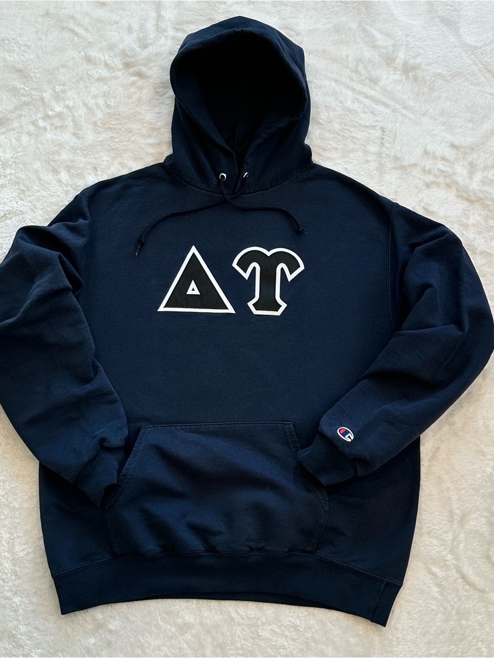 Champion Delta Tau Greek Letters Graphic Navy Pullover Hoodie Sweatshirt Size L